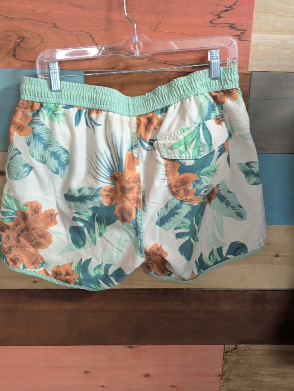 Men's Tropical Floral Swim Trunks in Cream, Green & Orange - Picture 3 of 3